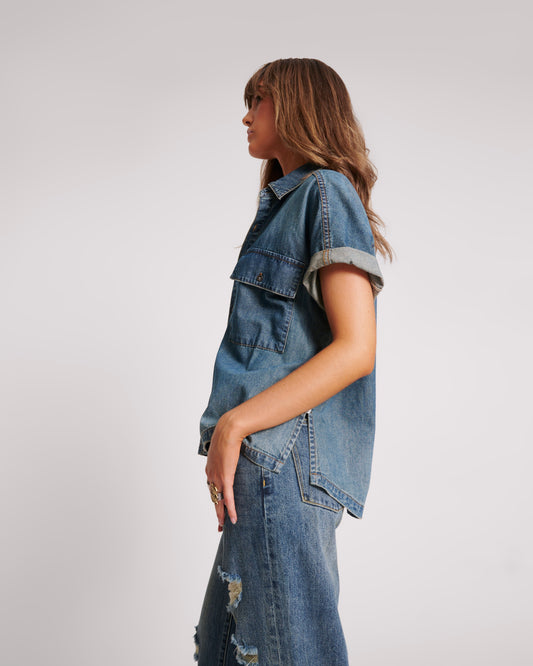 ONE TEASPOON // Cut Off Denim Shirt USED BLUE
