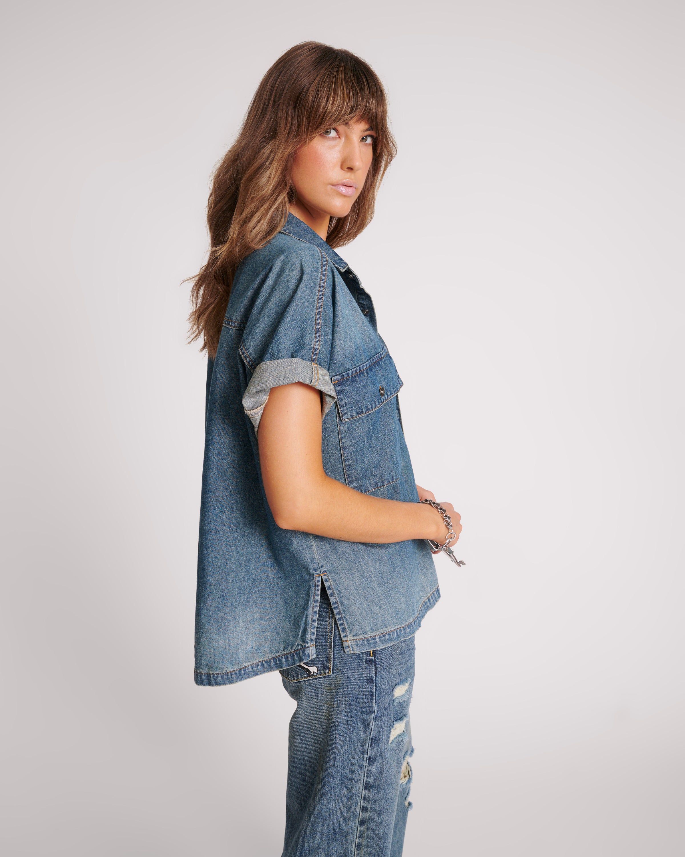 ONE TEASPOON // Cut Off Denim Shirt USED BLUE
