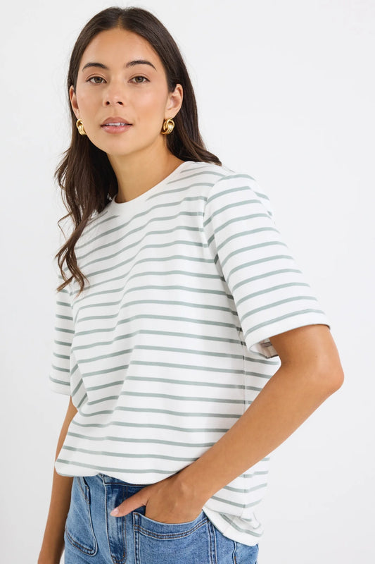 RE:UNION LABEL // Binding Stripe Boxy Tee KHAKI WHITE STRIPE