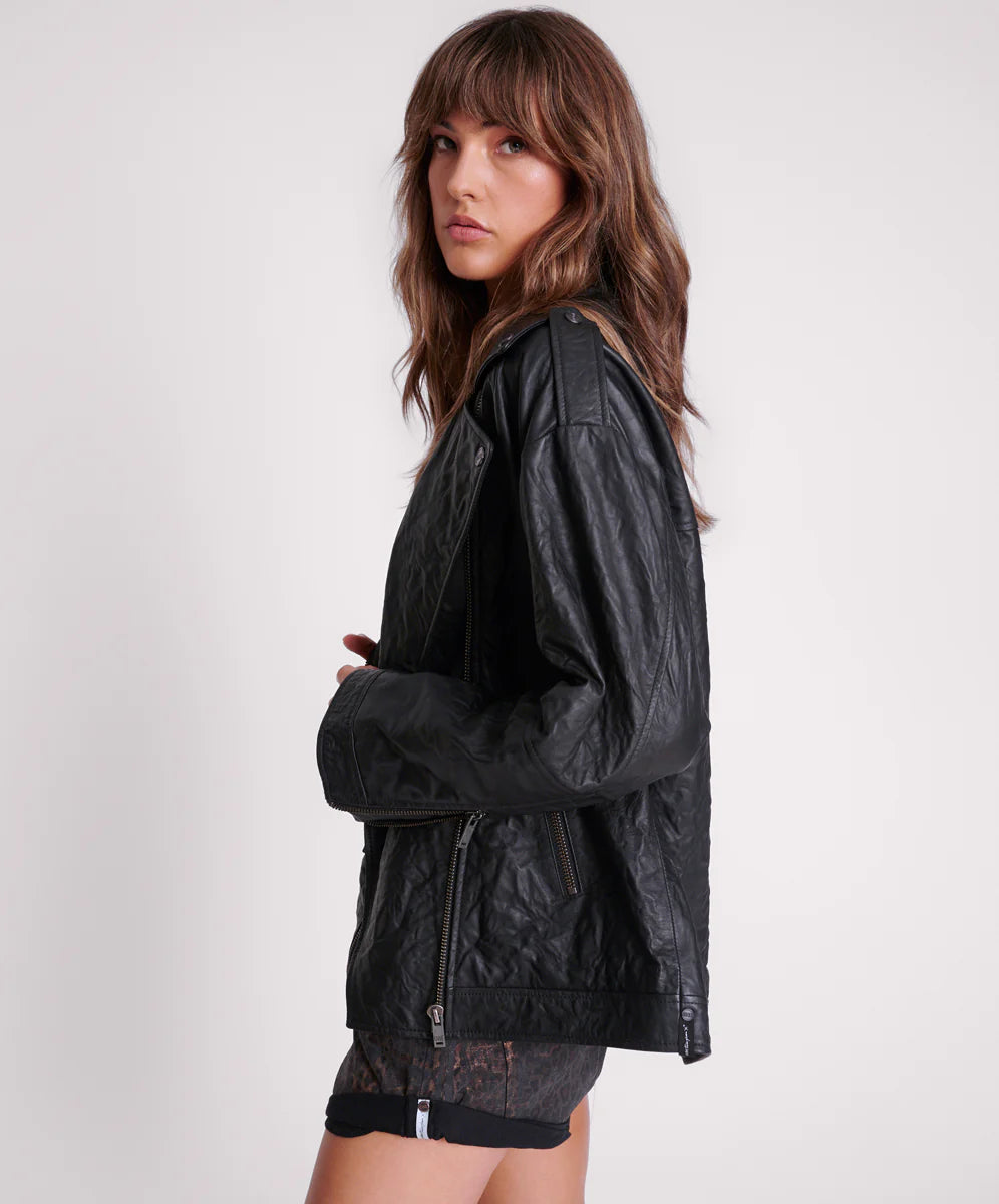 ONE TEASPOON // Boyfriend Leather Biker Jacket BLACK