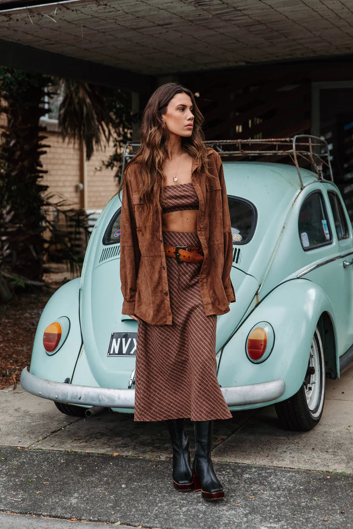 OTTWAY // Brodie Plaid Midi Skirt BROWN
