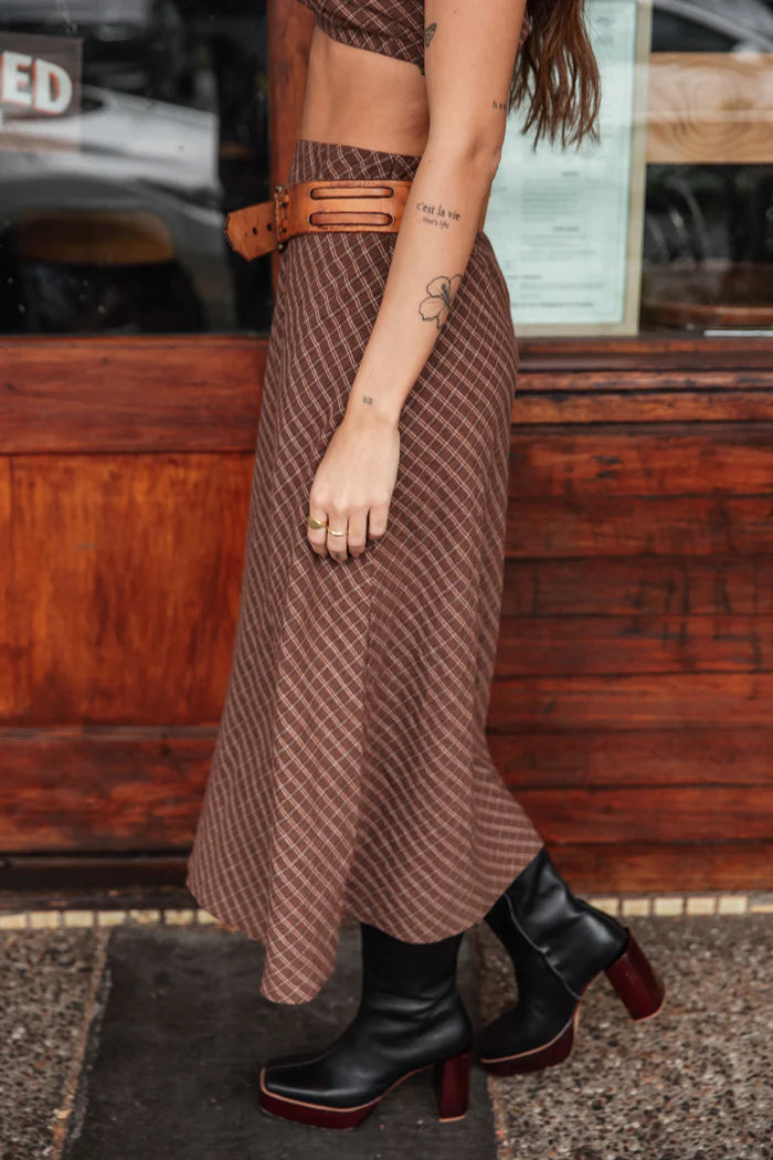OTTWAY // Brodie Plaid Midi Skirt BROWN