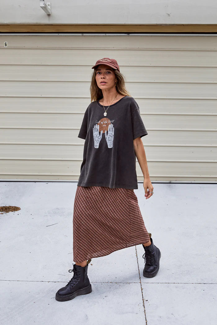 OTTWAY // Brodie Plaid Midi Skirt BROWN