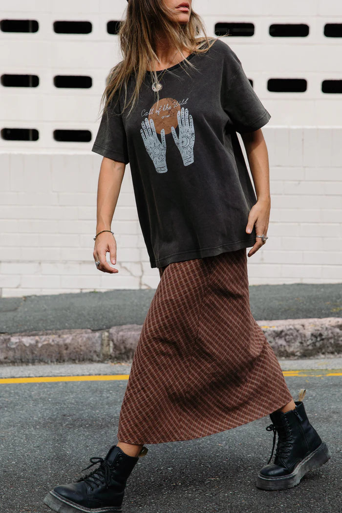OTTWAY // Brodie Plaid Midi Skirt BROWN