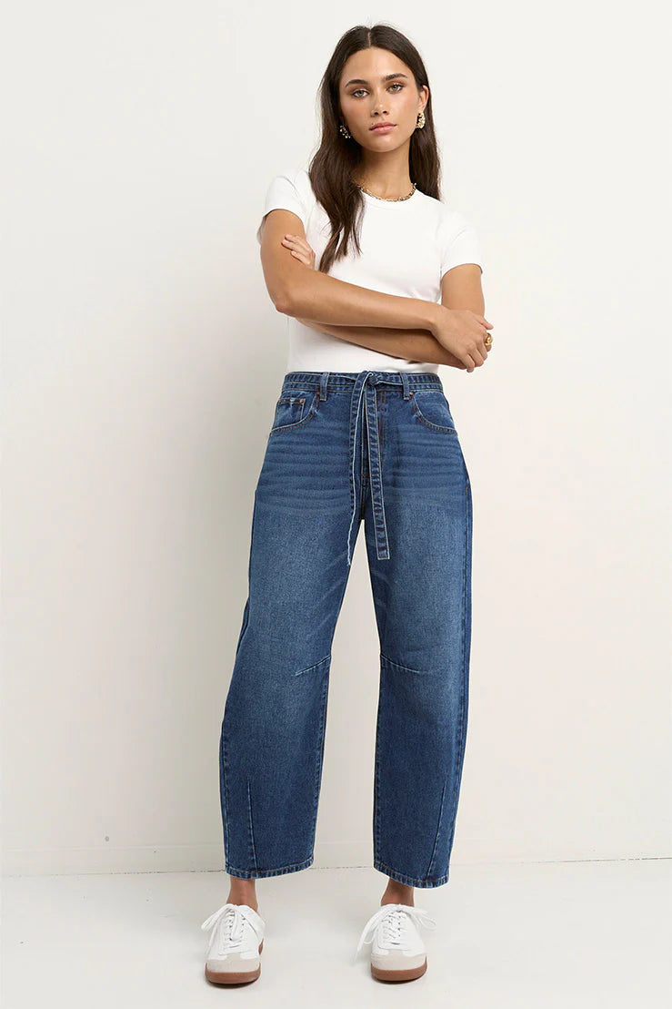 STORIES BE TOLD // Campus Tie Waist Barrel Jean DEEP BLUE