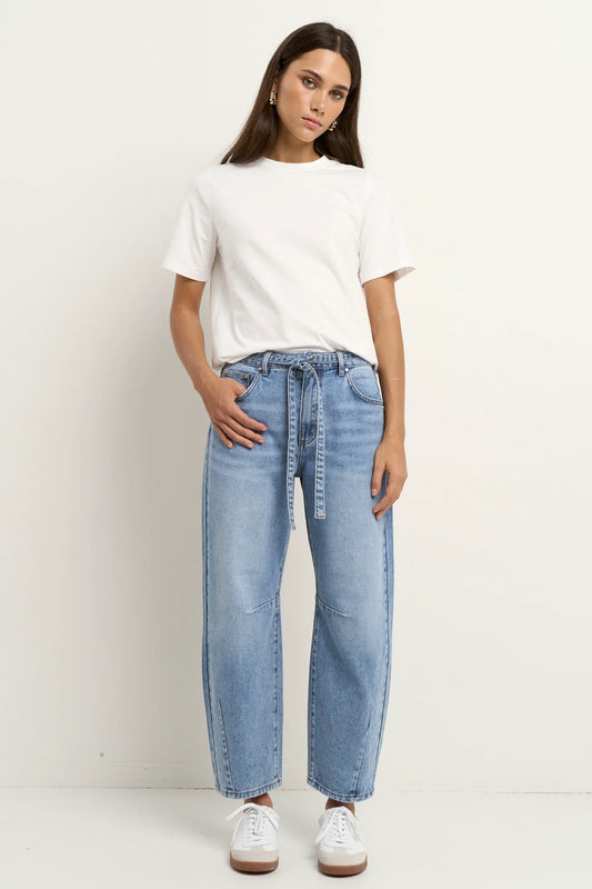 STORIES BE TOLD // Campus Tie Waist Barrel Jean LIGHT BLUE