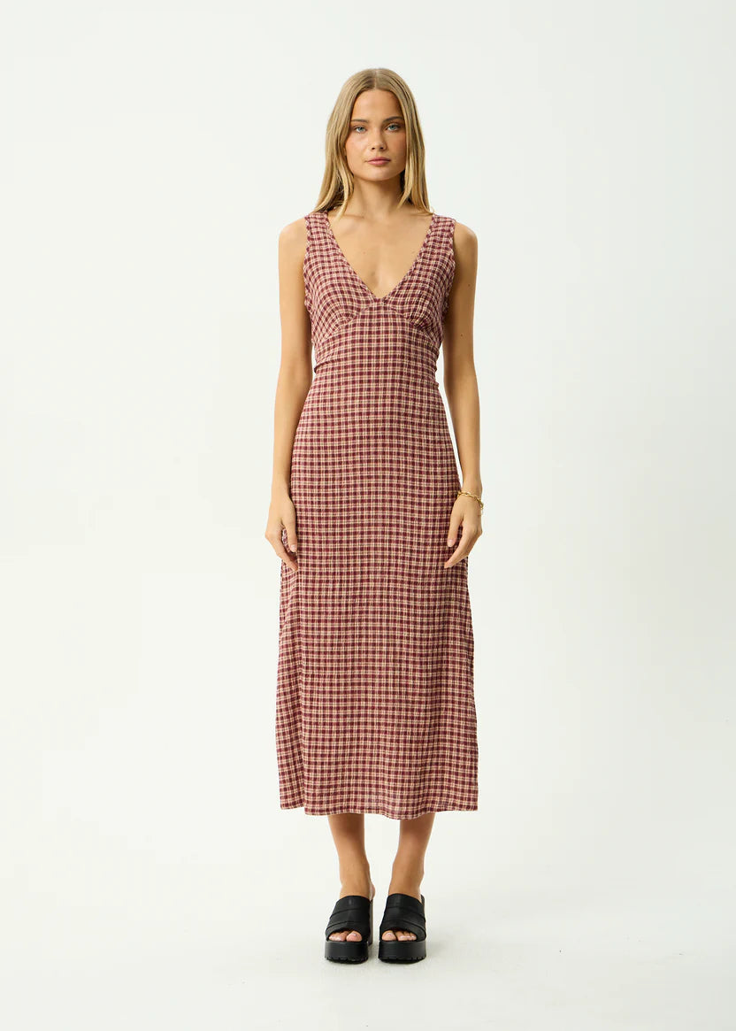 AFENDS // Capricorn Tully Seersucker Maxi Dress BURGUNDY BEIGE CHECK