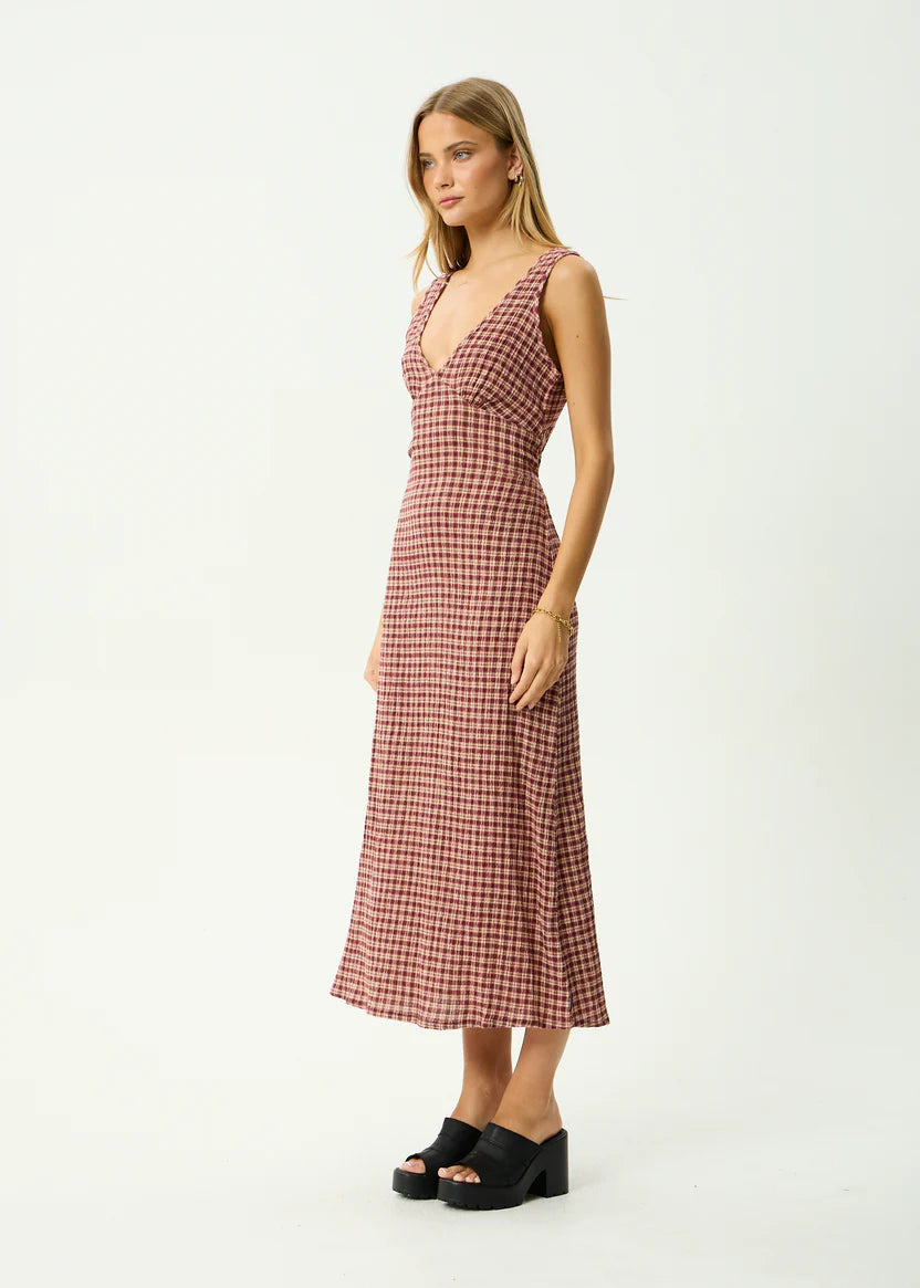 AFENDS // Capricorn Tully Seersucker Maxi Dress BURGUNDY BEIGE CHECK