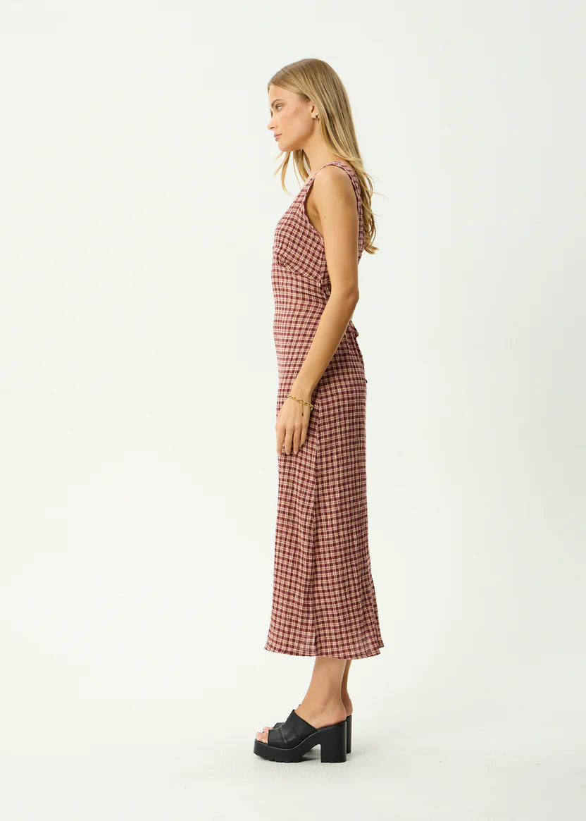 AFENDS // Capricorn Tully Seersucker Maxi Dress BURGUNDY BEIGE CHECK
