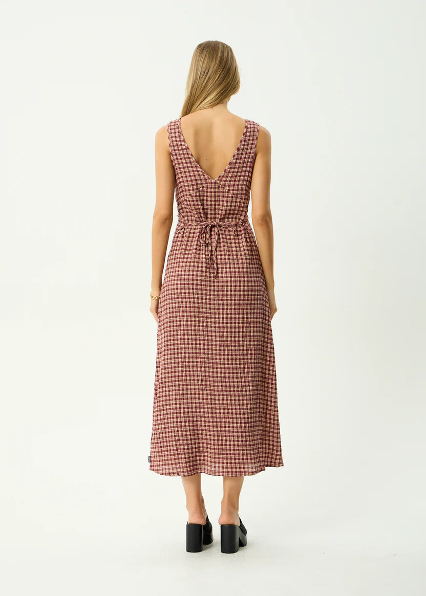 AFENDS // Capricorn Tully Seersucker Maxi Dress BURGUNDY BEIGE CHECK