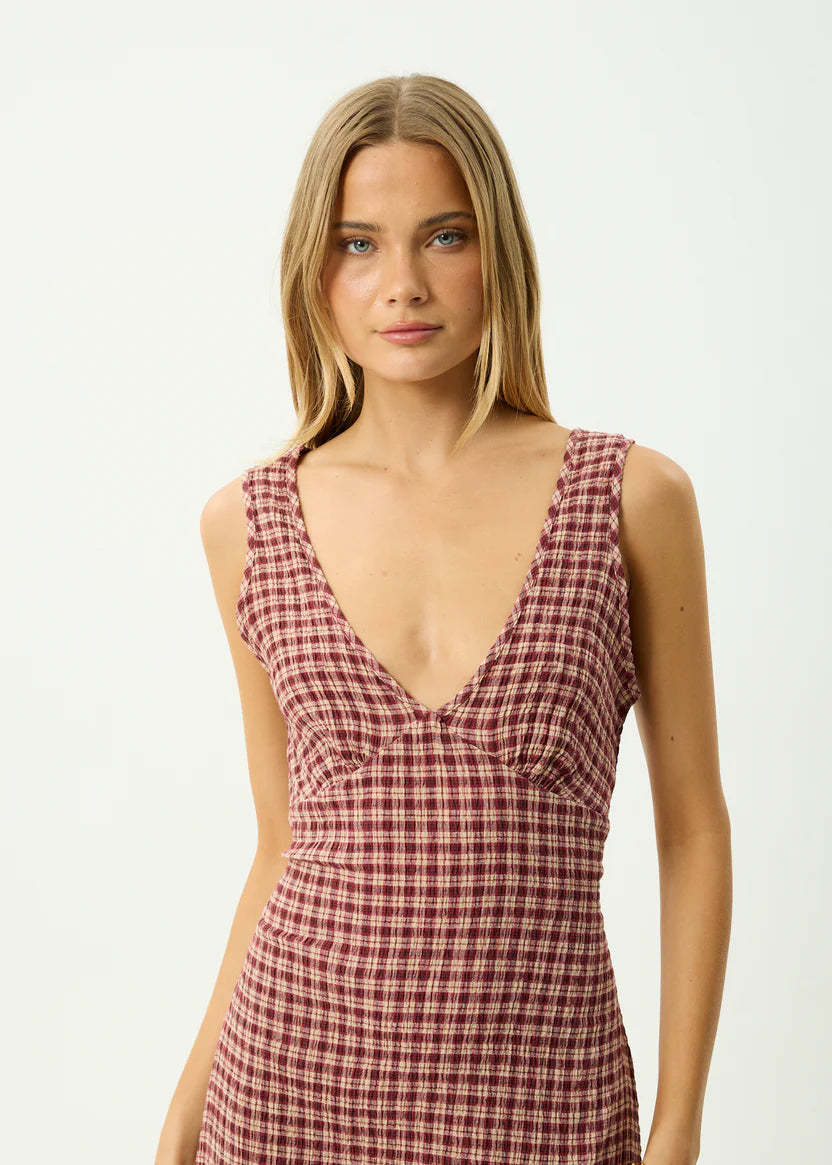 AFENDS // Capricorn Tully Seersucker Maxi Dress BURGUNDY BEIGE CHECK