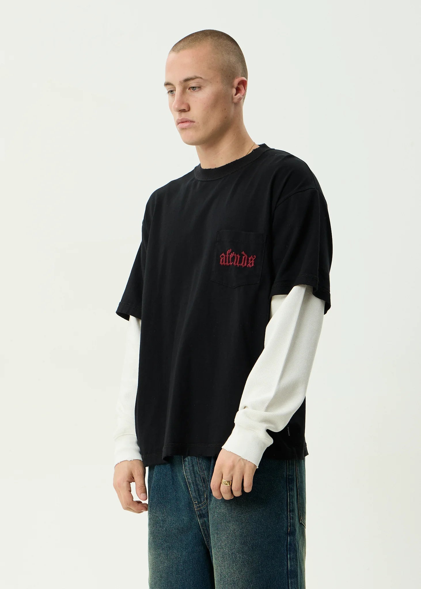 AFENDS // Drop Zone Layered Waffle Boxy Tee BLACK