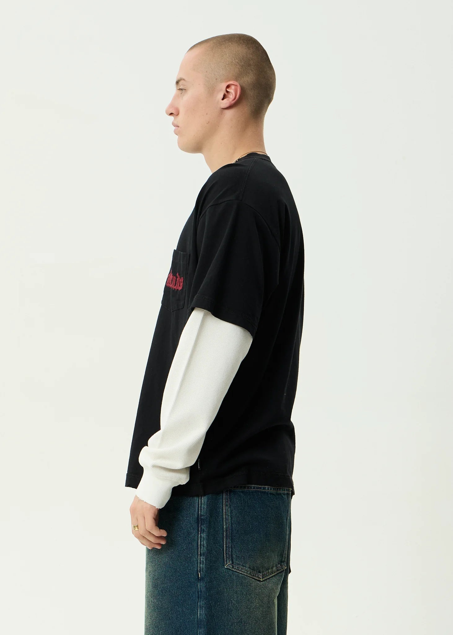 AFENDS // Drop Zone Layered Waffle Boxy Tee BLACK