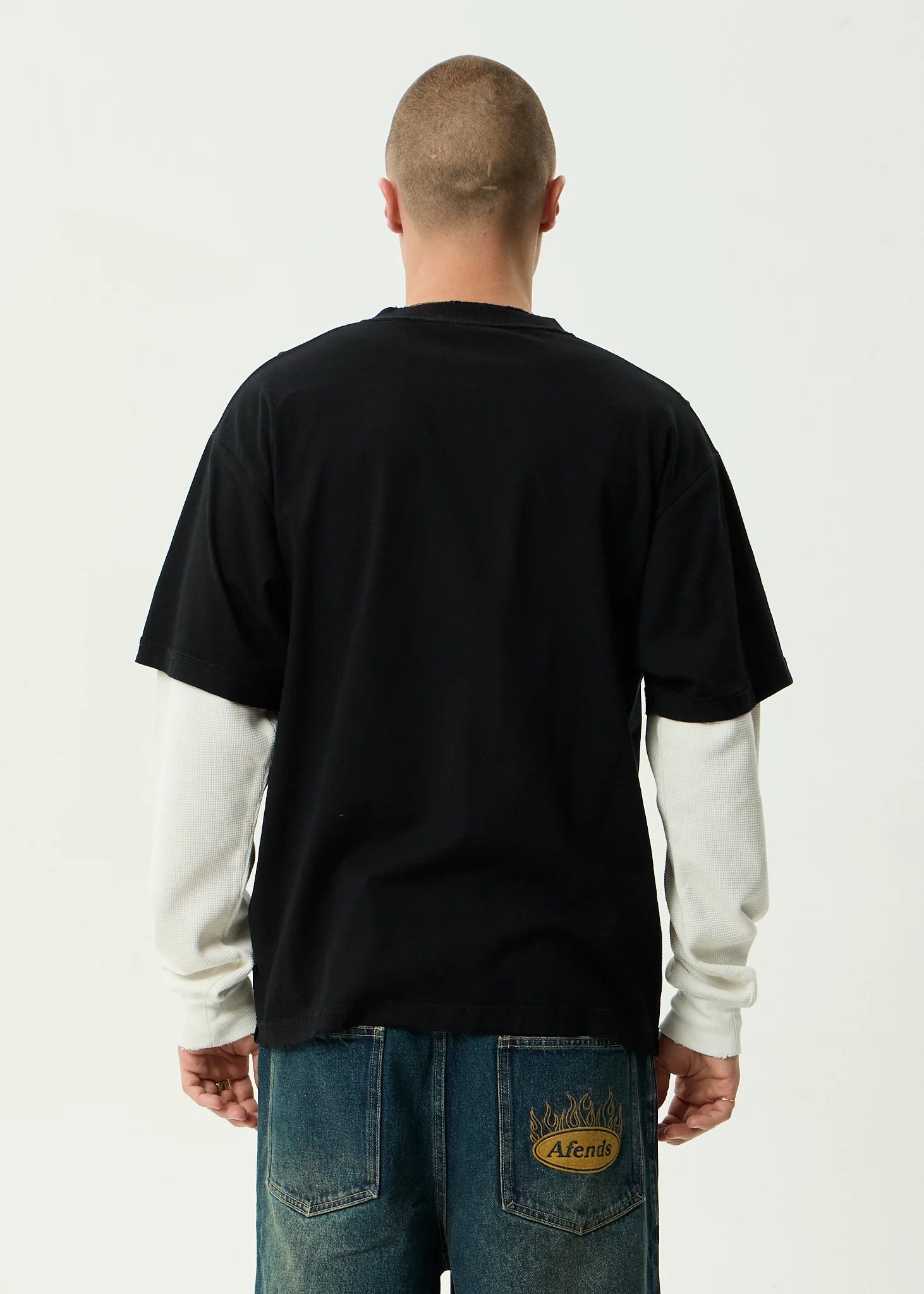 AFENDS // Drop Zone Layered Waffle Boxy Tee BLACK