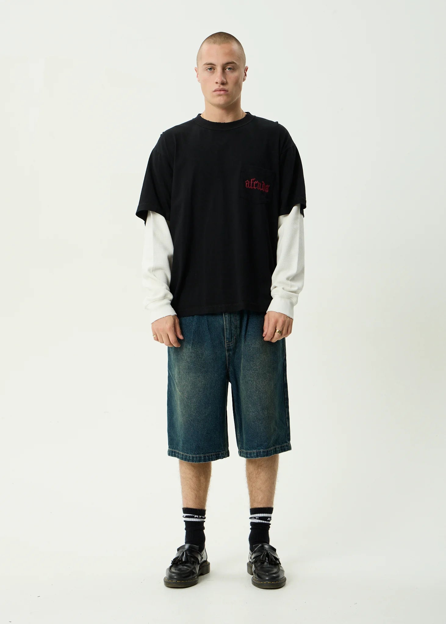AFENDS // Drop Zone Layered Waffle Boxy Tee BLACK