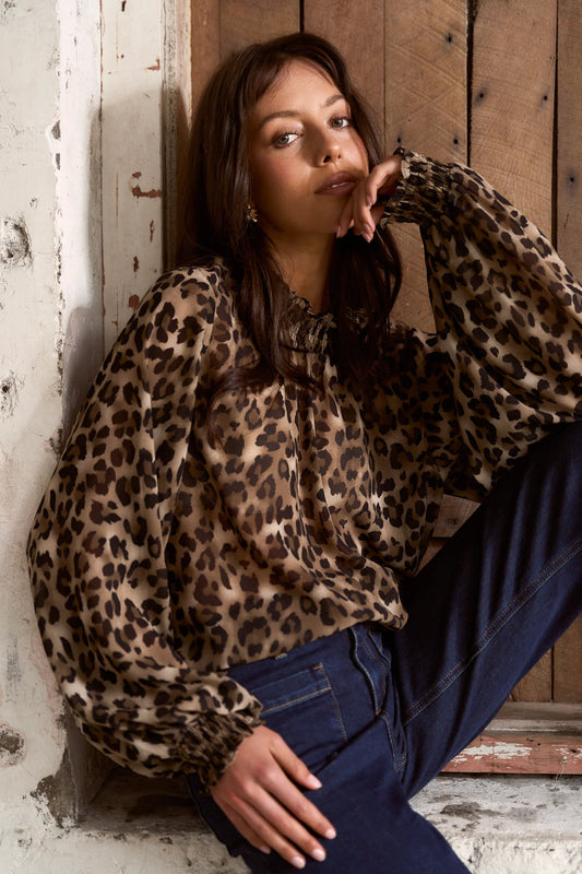 AMONG THE BRAVE // Embrace Georgette High Neck LS Top LEOPARD