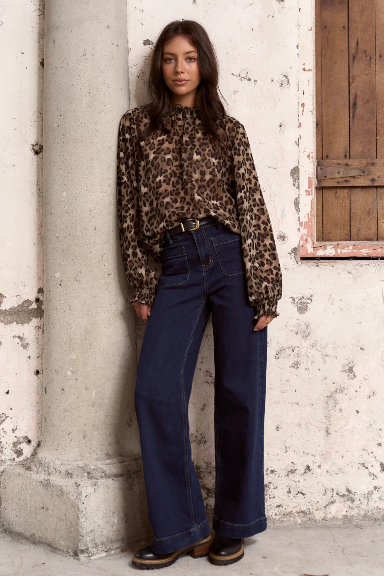 AMONG THE BRAVE // Embrace Georgette High Neck LS Top LEOPARD