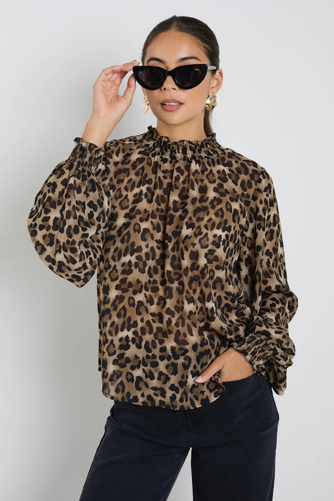 AMONG THE BRAVE // Embrace Georgette High Neck LS Top LEOPARD