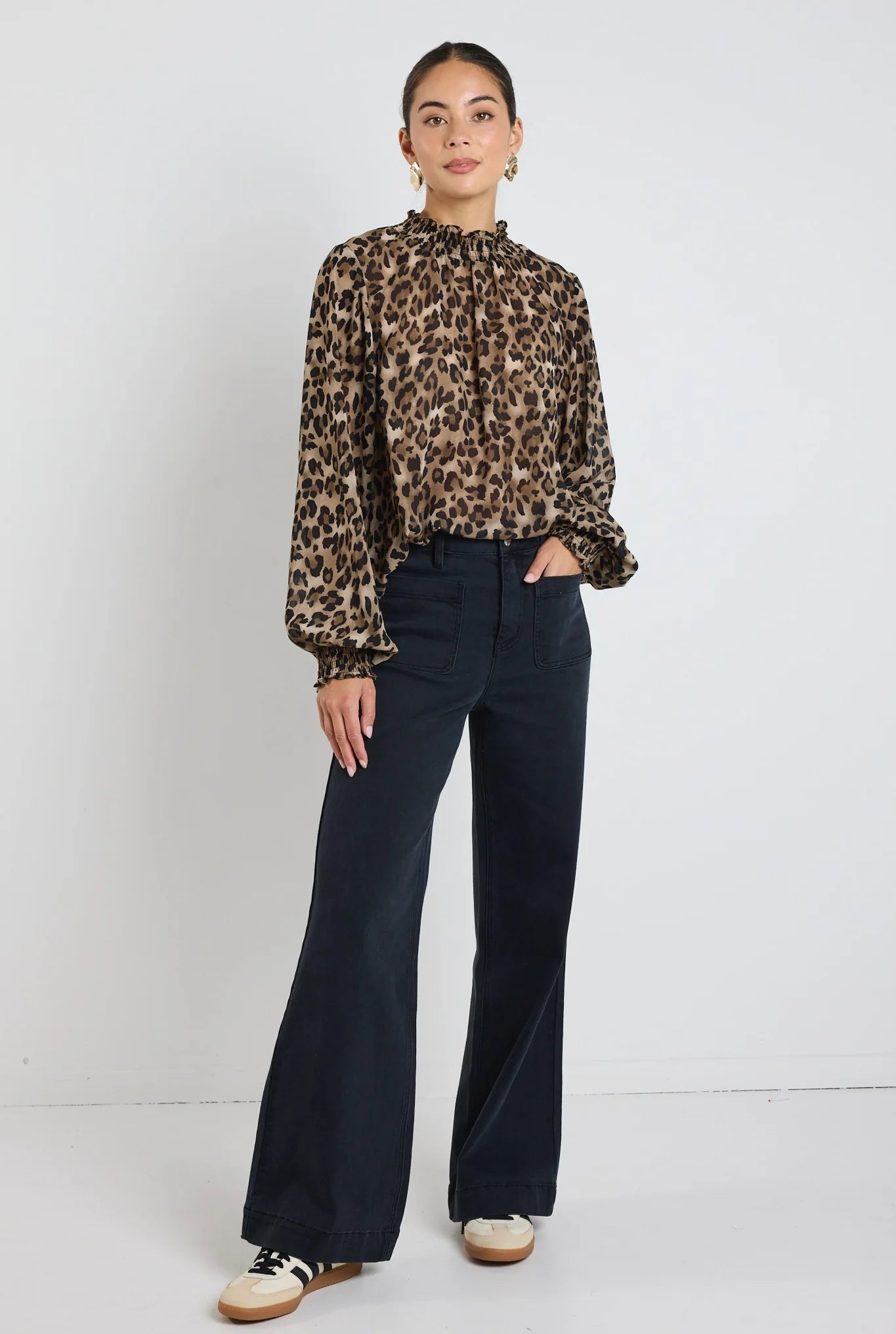 AMONG THE BRAVE // Embrace Georgette High Neck LS Top LEOPARD