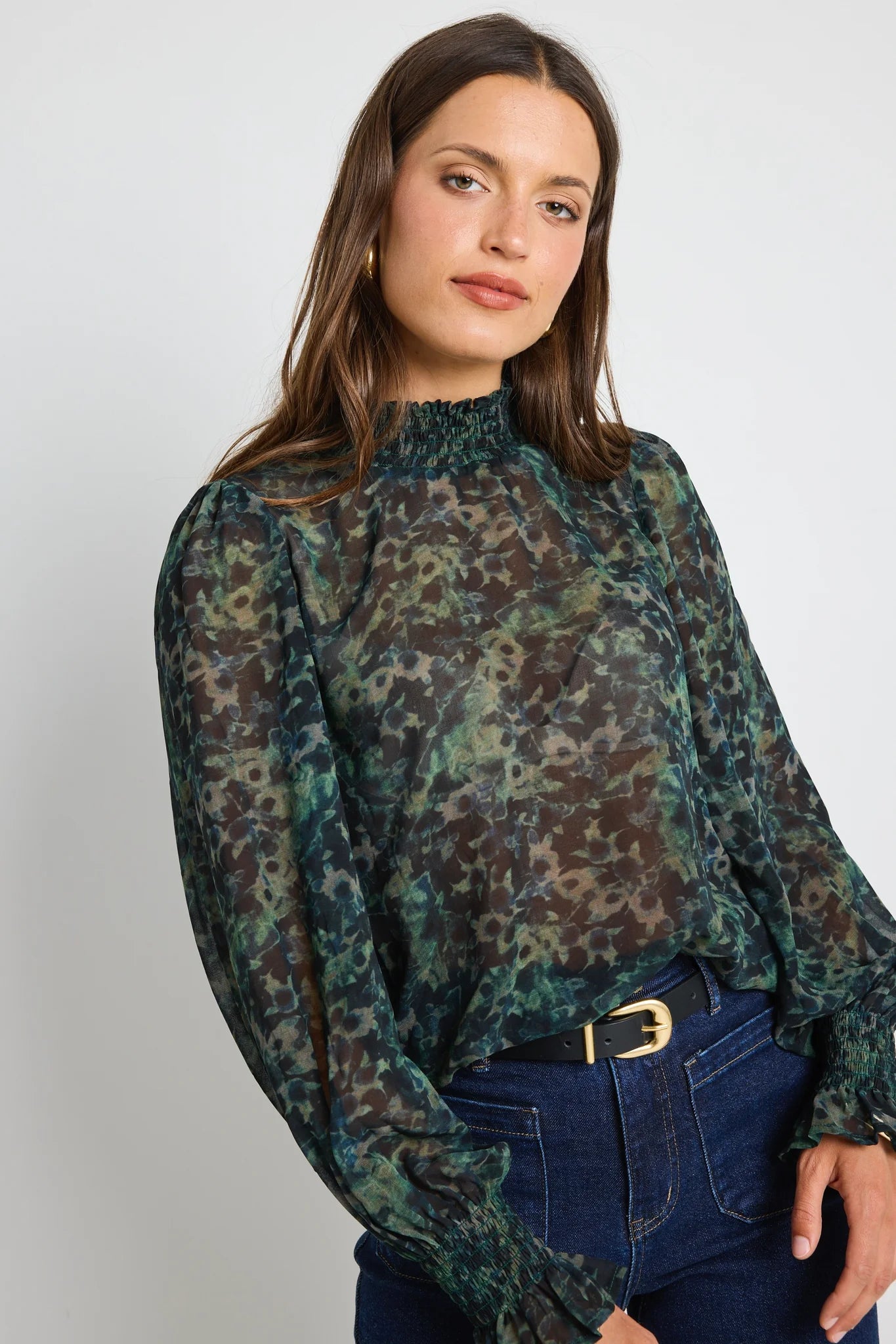 IVY + JACK // Emphatic Shirred Neck LS Top KHAKI DITSY PRINT