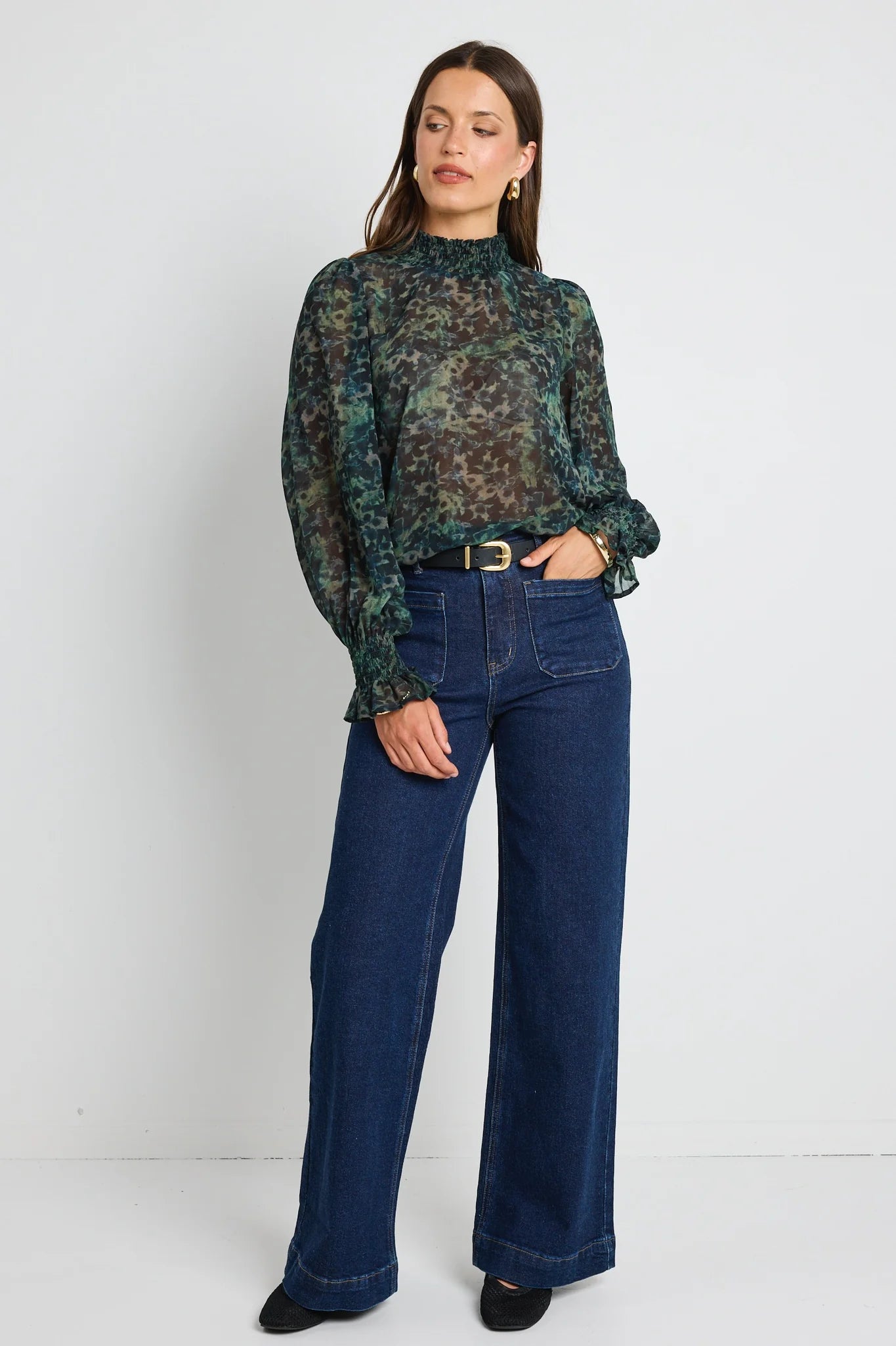 IVY + JACK // Emphatic Shirred Neck LS Top KHAKI DITSY PRINT