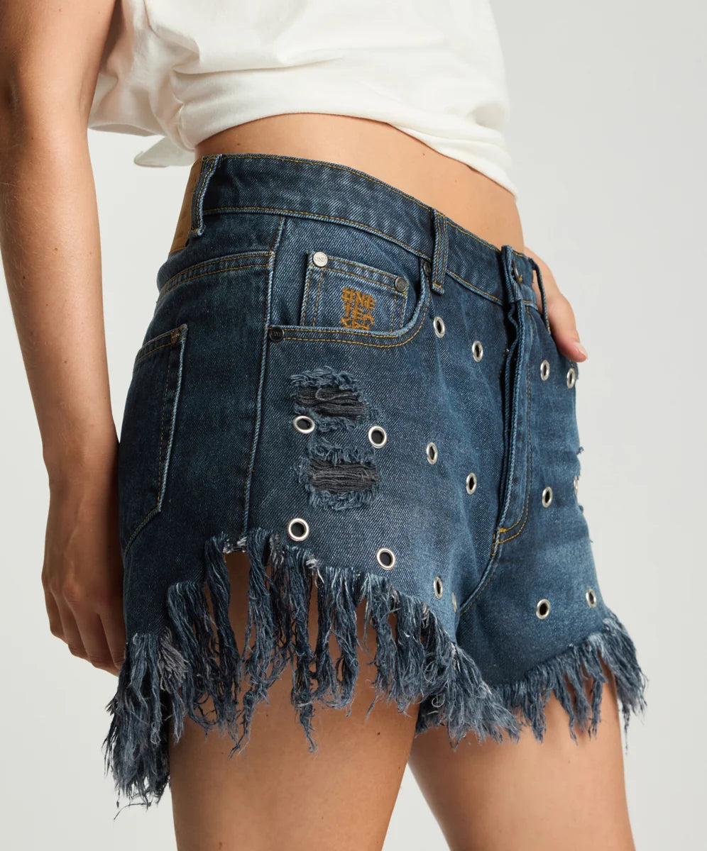 Grunge Goddess Outlaws Low Waist Shorts INDIGO
