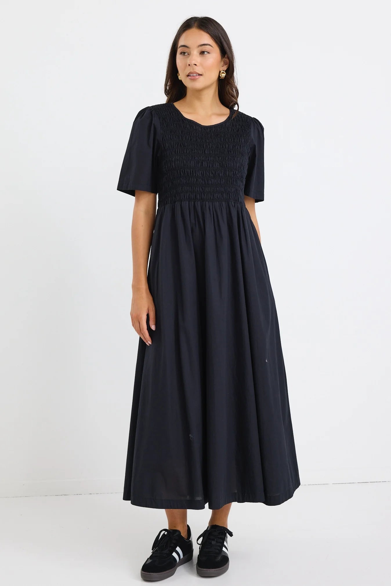 RE:UNION LABEL // Wren Shirred Midi Dress BLACK