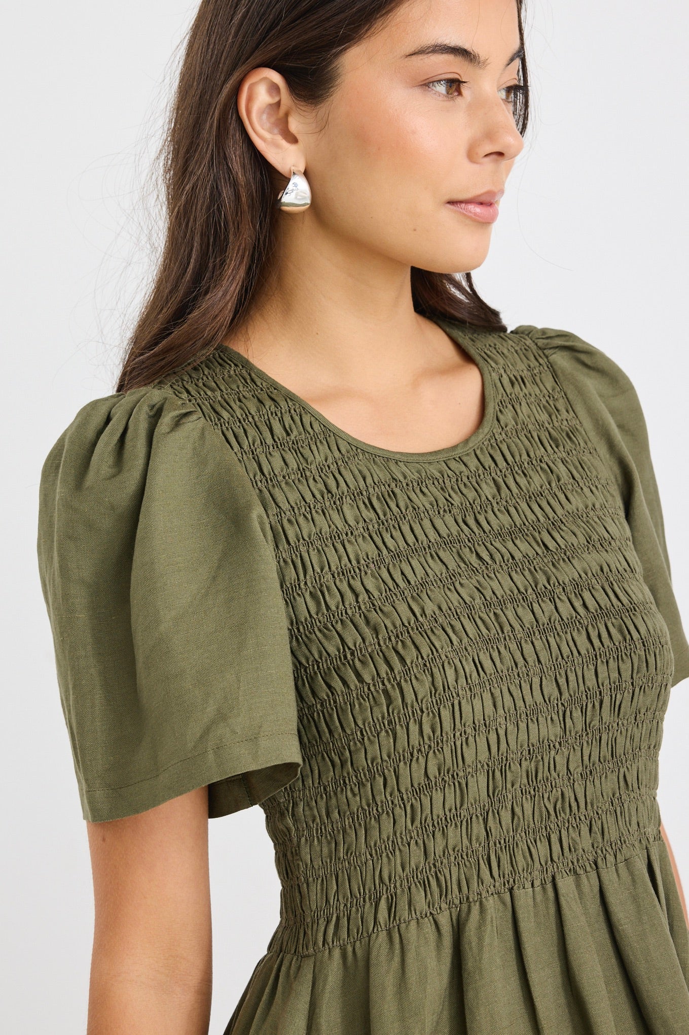 RE:UNION LABEL // Wren Shirred Midi Dress KHAKI