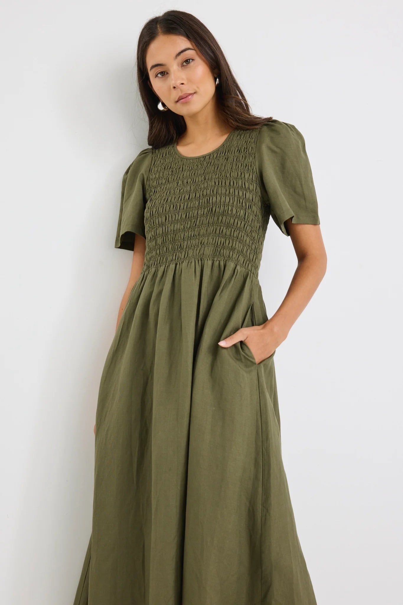 RE:UNION LABEL // Wren Shirred Midi Dress KHAKI