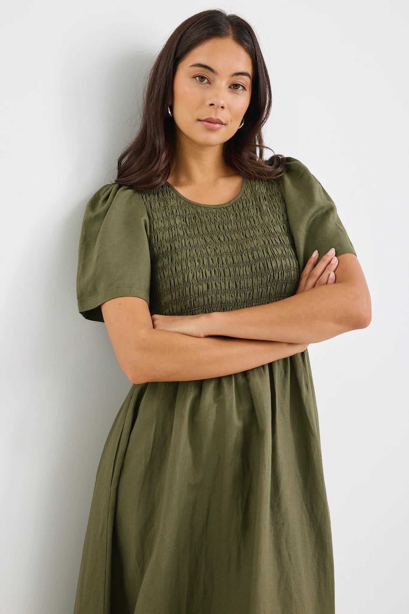 RE:UNION LABEL // Wren Shirred Midi Dress KHAKI