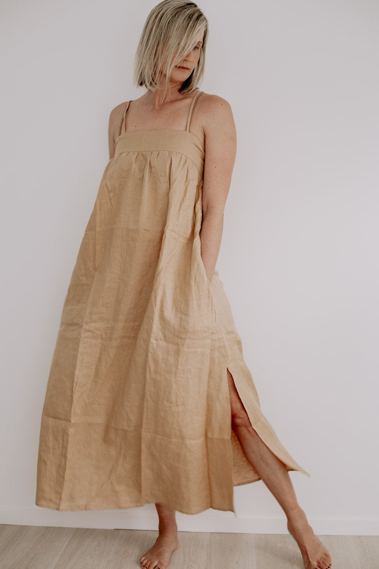 linen maxi dress nz LE EDIT // Kaia Maxi Dress BEIGE