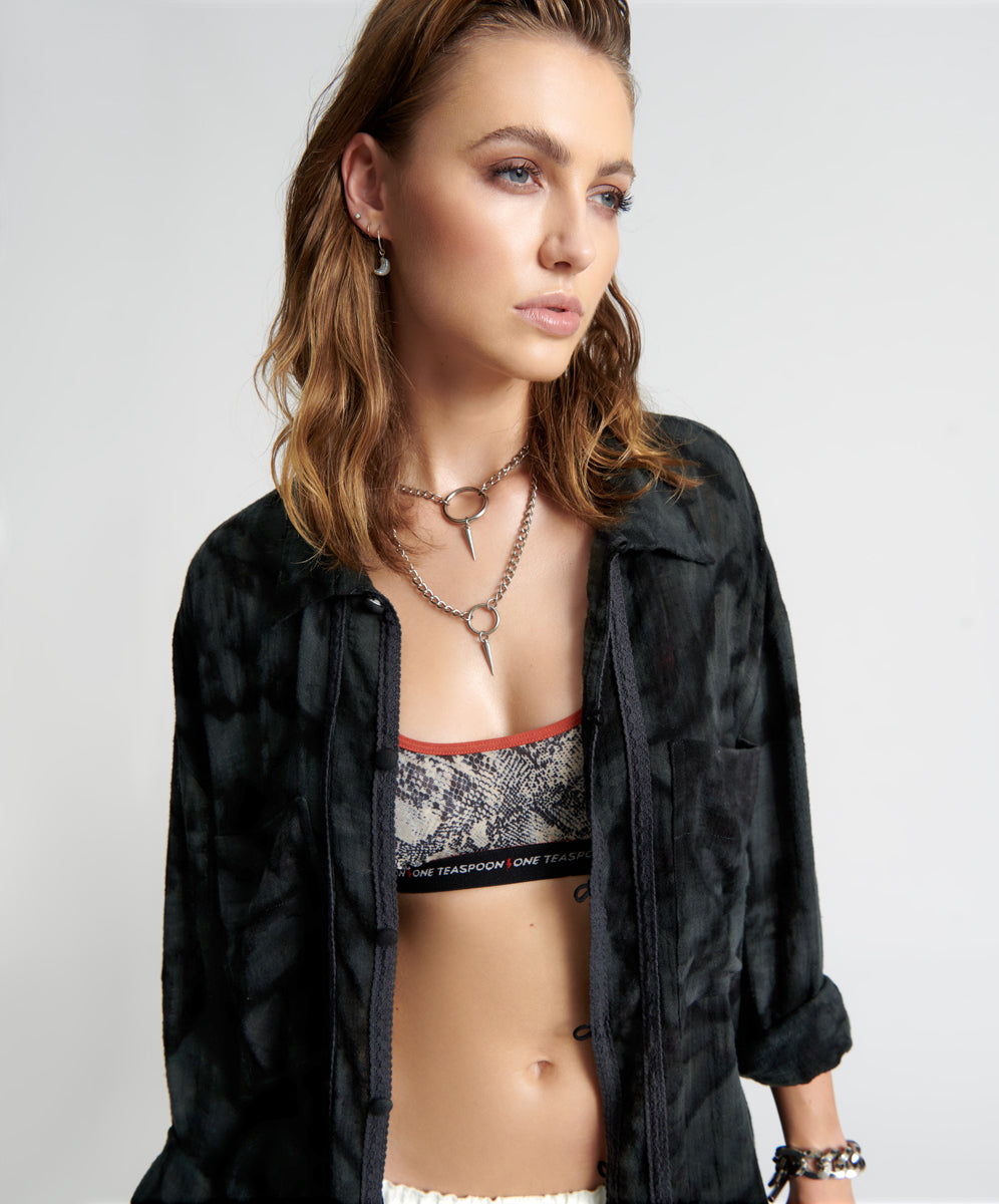 ONE TEASPOON // Resonance Muslin Longline Shirt BLACK INK