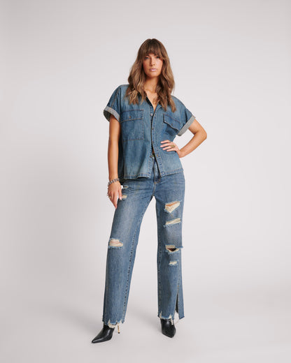 ONE TEASPOON // Cut Off Denim Shirt USED BLUE