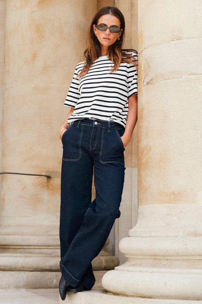 RE:UNION LABEL // Binding Stripe Boxy Tee BLACK WHITE STRIPE