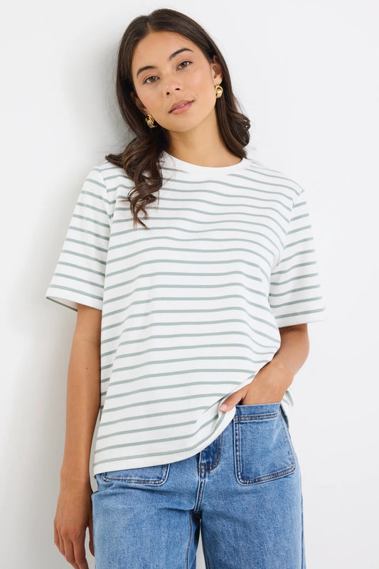 RE:UNION LABEL // Binding Stripe Boxy Tee KHAKI WHITE STRIPE