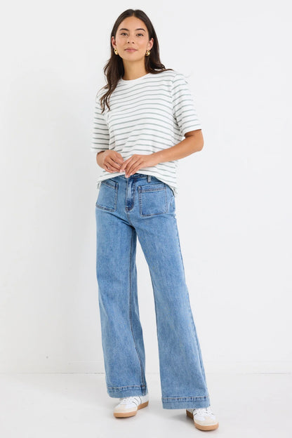 RE:UNION LABEL // Binding Stripe Boxy Tee KHAKI WHITE STRIPE