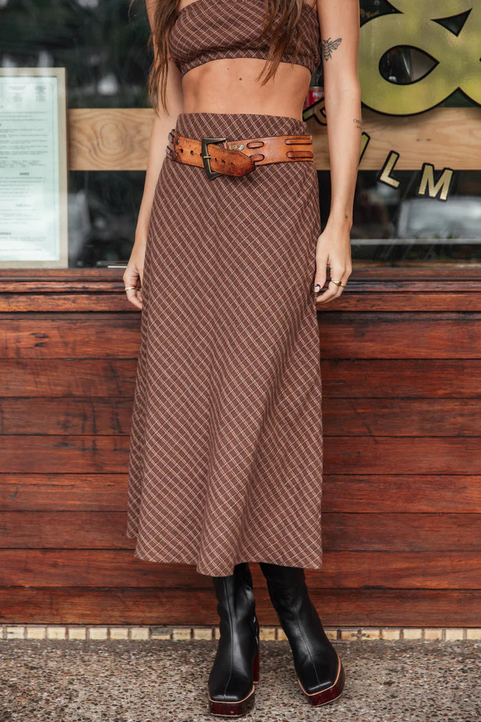 OTTWAY // Brodie Midi Skirt BROWN PLAID