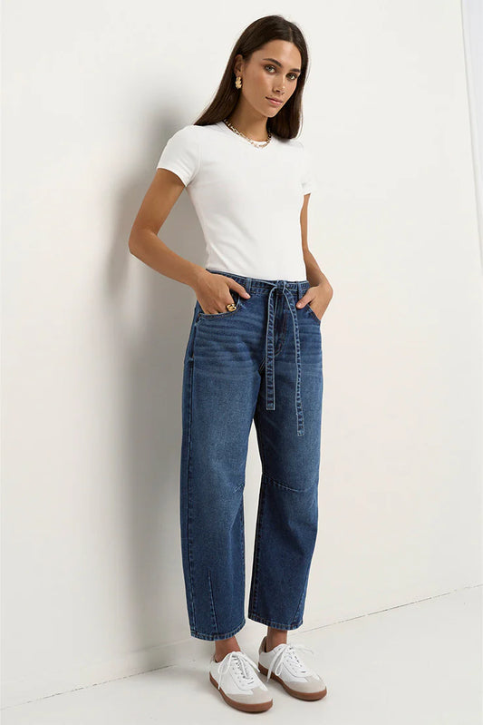STORIES BE TOLD // Campus Tie Waist Barrel Jean DEEP BLUE