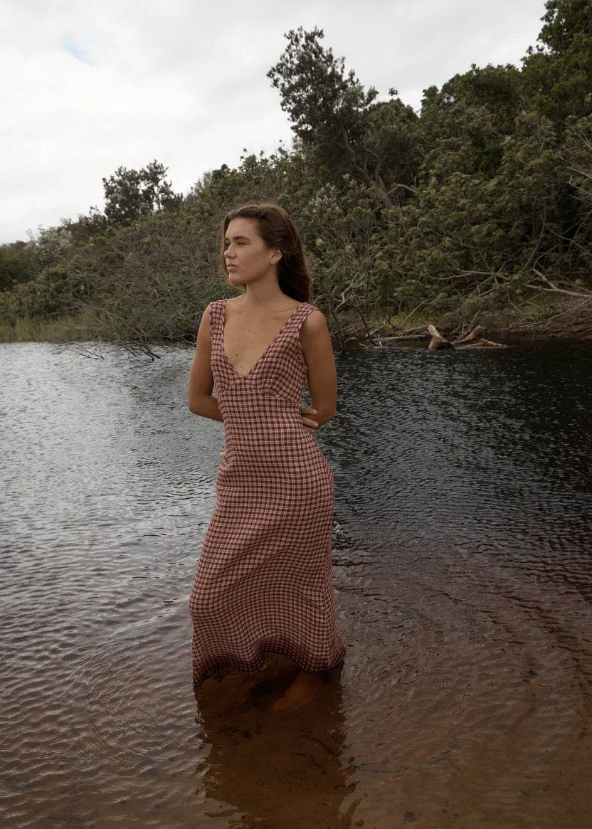 AFENDS // Capricorn Tully Seersucker Maxi Dress BURGUNDY BEIGE CHECK