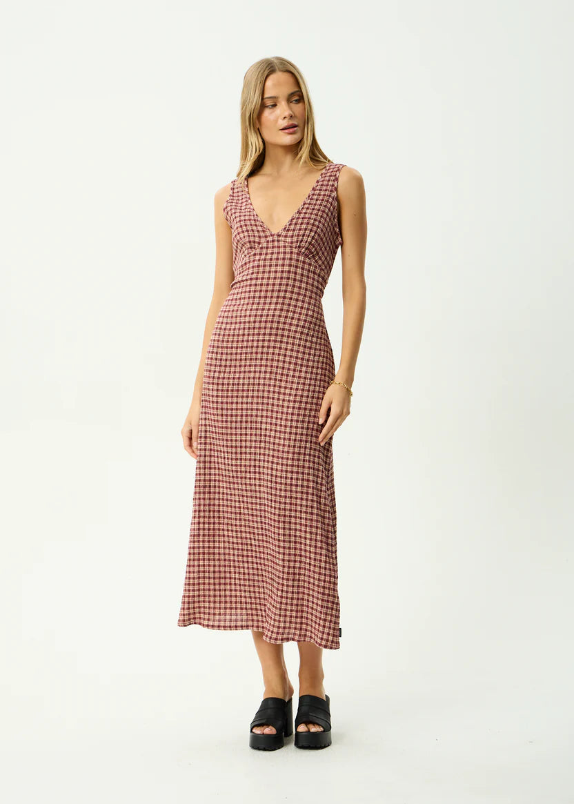 AFENDS // Capricorn Tully Seersucker Maxi Dress BURGUNDY BEIGE CHECK