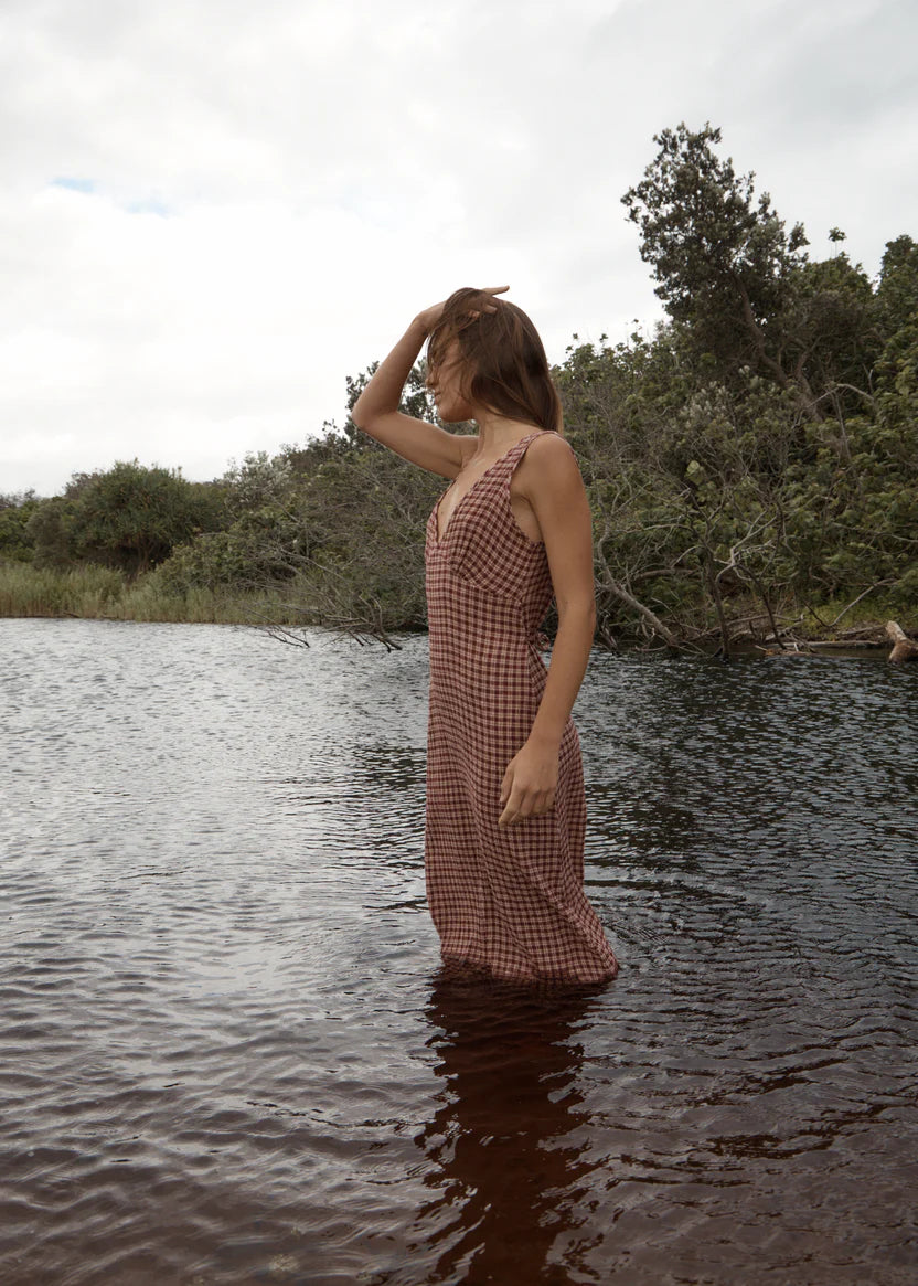 AFENDS // Capricorn Tully Seersucker Maxi Dress BURGUNDY BEIGE CHECK