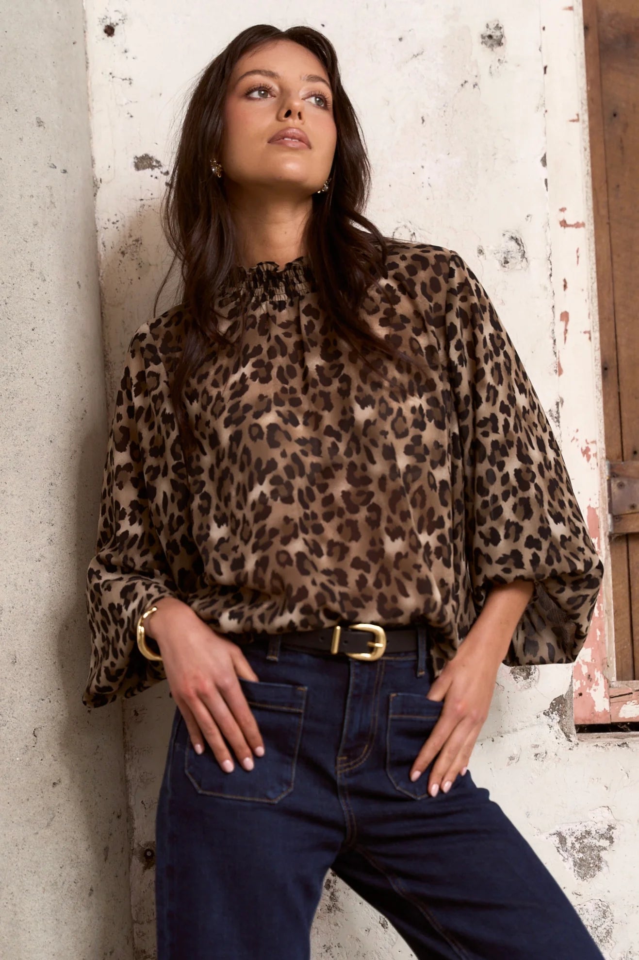 AMONG THE BRAVE // Embrace Georgette High Neck LS Top LEOPARD