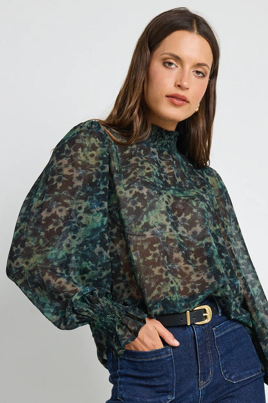 IVY + JACK // Emphatic Shirred Neck LS Top KHAKI DITSY PRINT