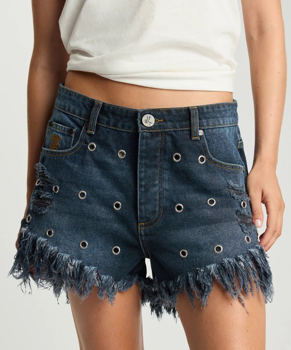 Grunge Goddess Outlaws Low Waist Shorts INDIGO