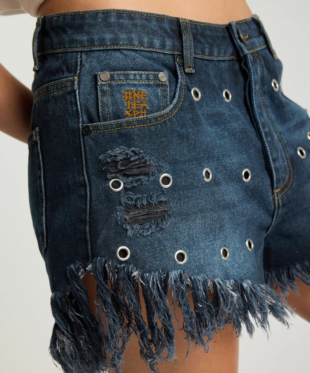 Grunge Goddess Outlaws Low Waist Shorts INDIGO