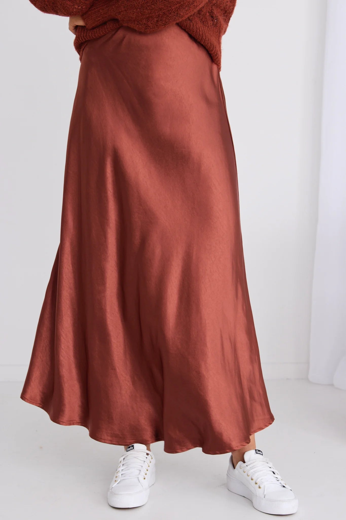 IVY JACK Haven Satin Bias Cut Floaty Maxi Skirt COPPER