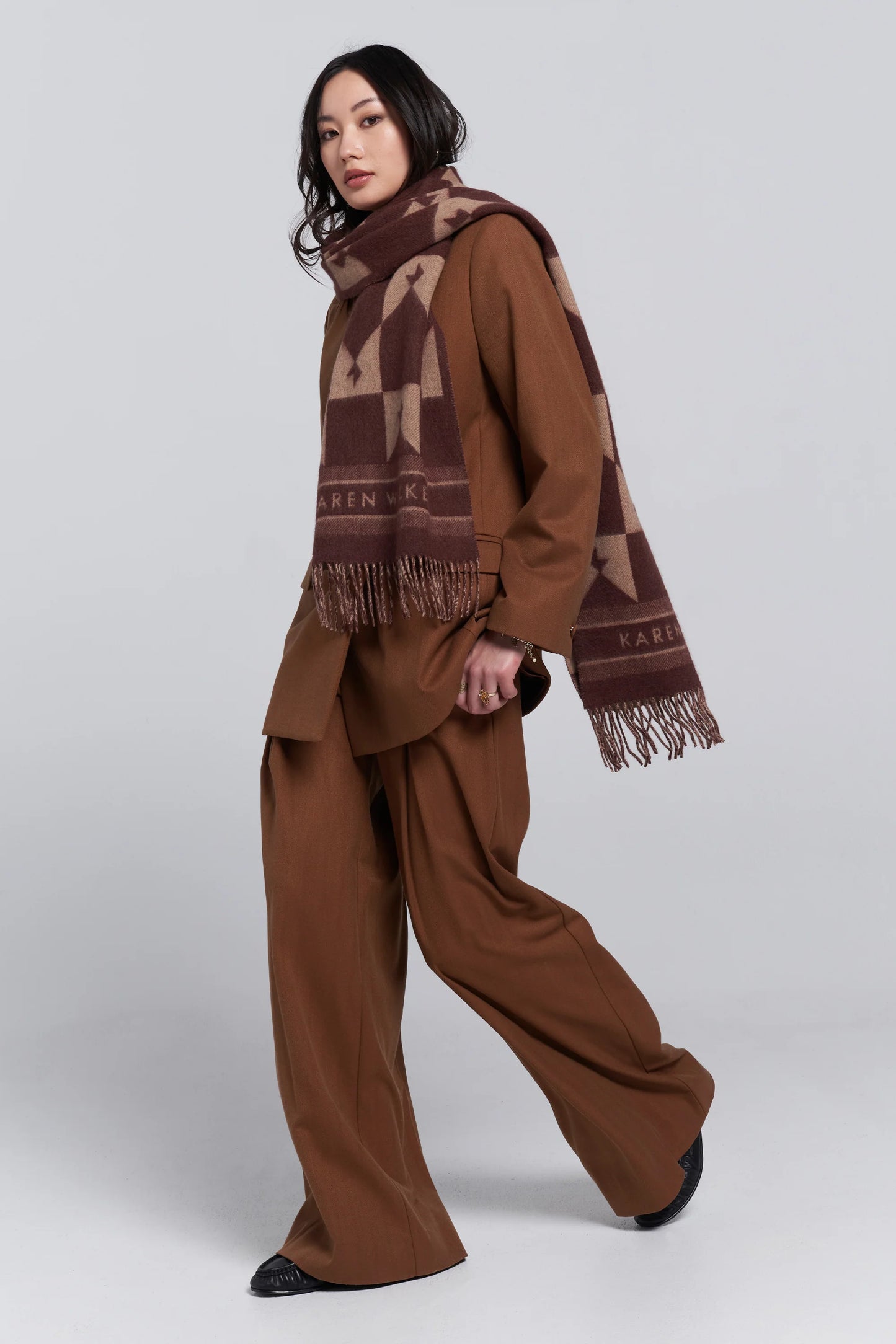 KAREN WALKER // Monogram Jacquard Scarf MAHOGANY/TAN