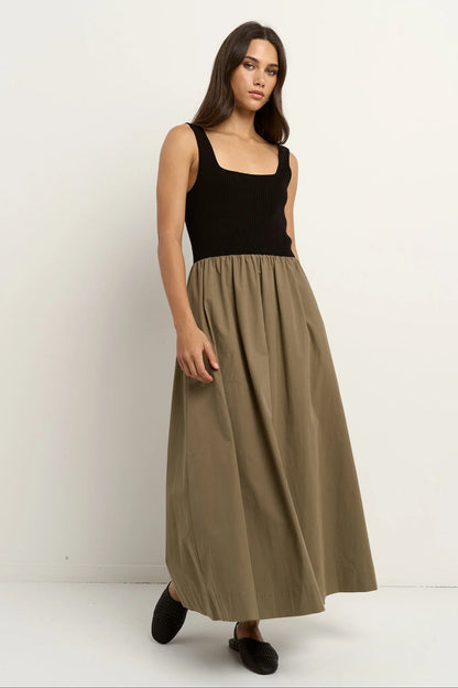 RE:UNION LABEL // Obsidian Contrast Midi Dress BLACK KHAKI