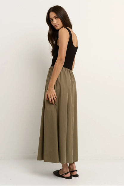 RE:UNION LABEL // Obsidian Contrast Midi Dress BLACK KHAKI