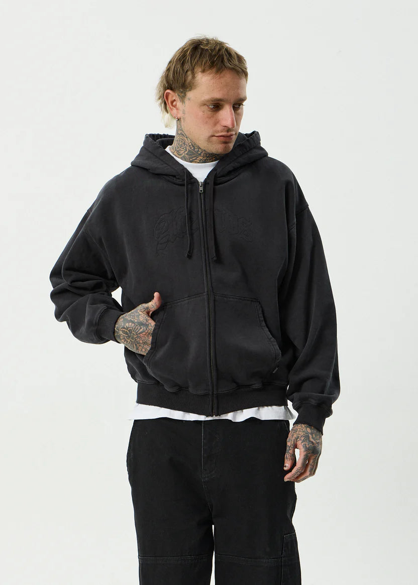 AFENDS // Residence Heavyweight Boxy Zip Hood STONE BLACK
